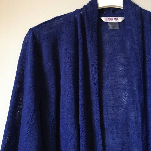 Phthalo Blue Mesh 3/4 Sleeve Open Waterfall Cardigan - Picture 5 of 14